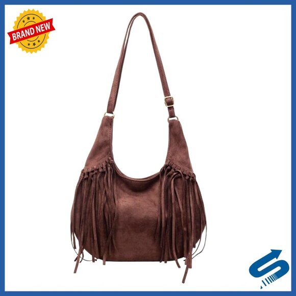 Handbags - Frosted Fringe Hobo Bag Suede Leather Bohemian Shoulder Purse Tassel Bucket